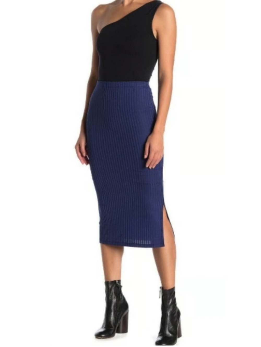 Velvet Torch NEW Navy Ribbed Knit Side Slit Midi Pencil Skirt Size Large